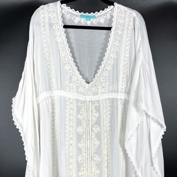 Melissa Odabash Kaftan Maxi Dress Coverup White V-Neck Eyelet Sequins One Size - Picture 2 of 9